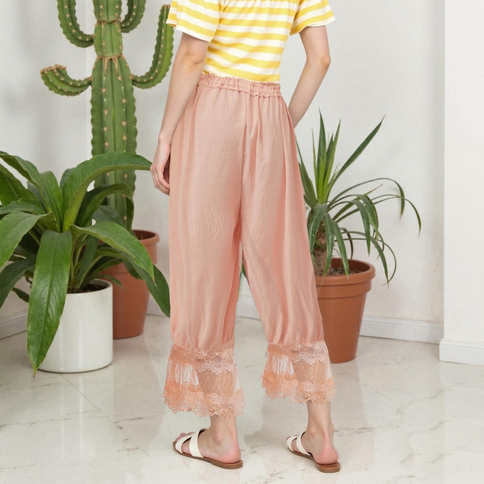 Women Lace Trim Long Bloomers Y2k Elastic Mid Rise Floral Ruffle Pantaloons Flared Slips Pants Pajama Bottoms