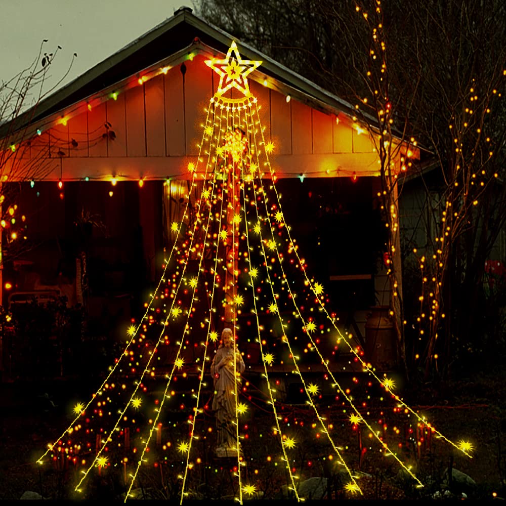 Aokudoni Outdoor Christmas Decorations: 12.6ft 350LED Waterfall Lights 8 Modes Christmas Lights, Xmas Tree House Yard Porch Patio Garden Decor, Multicolor