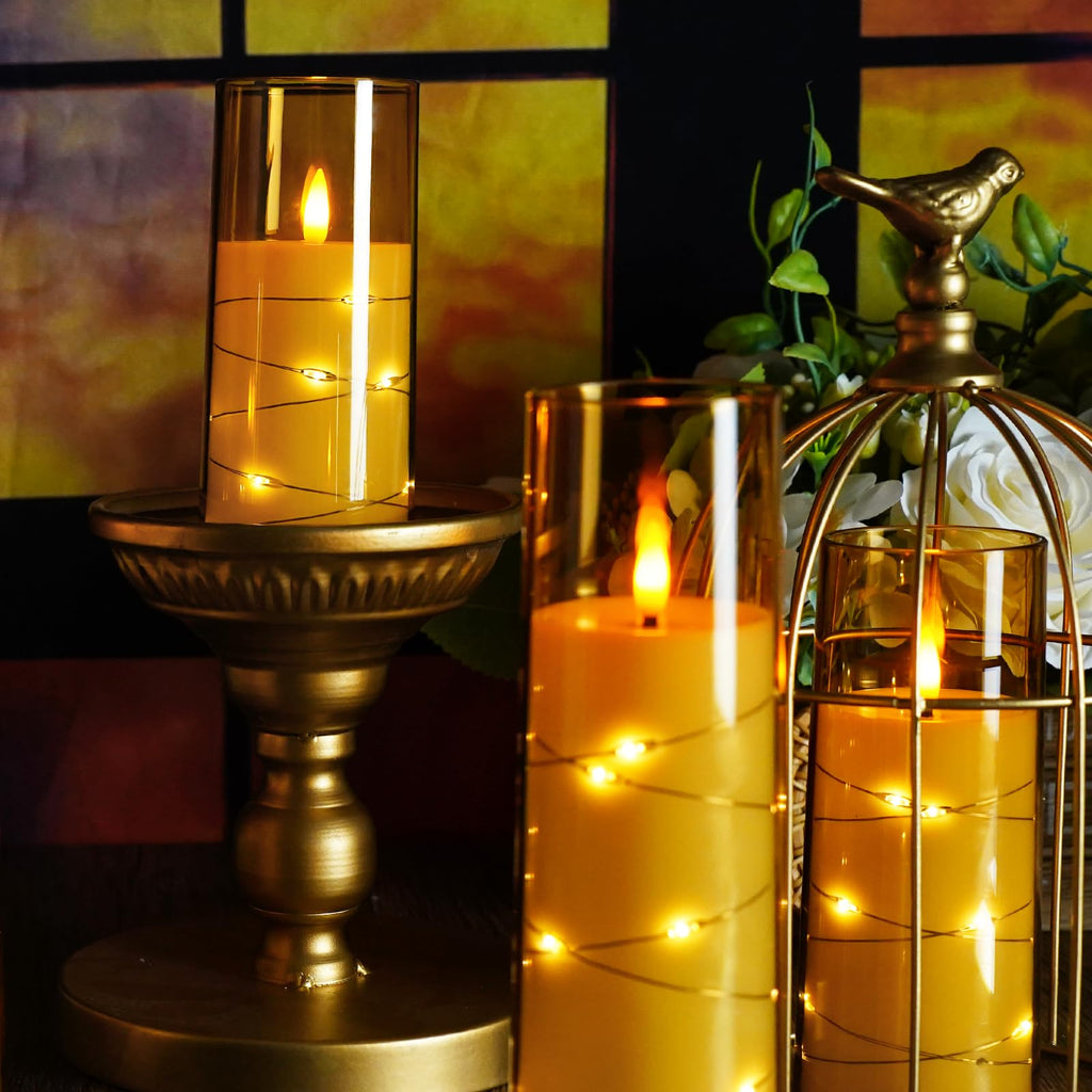 kakoya Flameless LED Candles with Timer 5 Pc Flickering Flameless Candles for Romantic Ambiance and Home Decoration Stable Acrylic Shell,with Embedded Star String，Battery Operated Candles（Red）