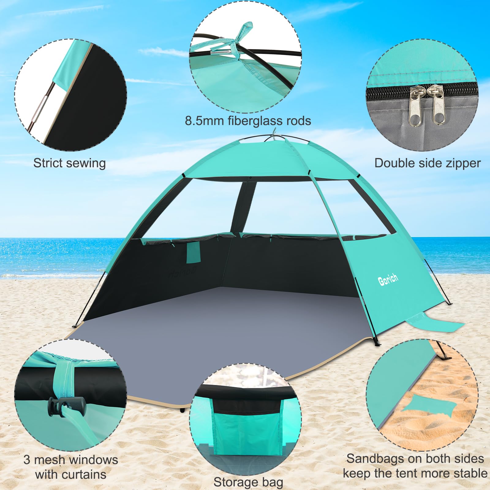 Gorich Beach Tent Sun Shelter for 3/4/6/8/10 Person with UPF 50＋ UV Protection, Lightweight & Easy Setup Beach Shade Canopy, Portable Beach Shade Tent Beach Cabana