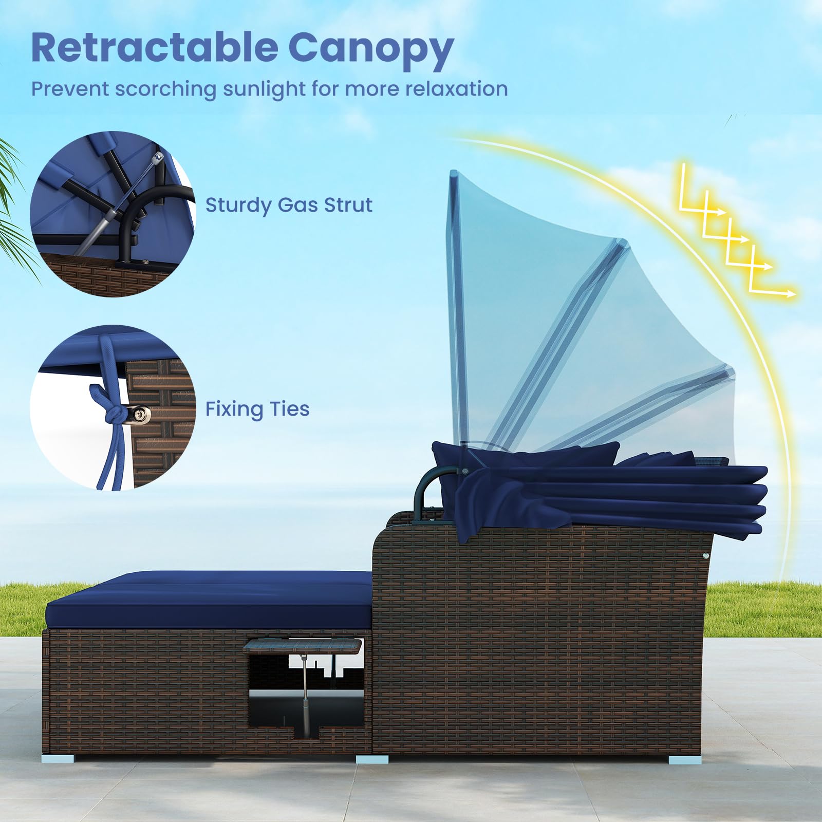 Tangkula Patio Rattan Daybed with Retractable Canopy, Outdoor Wicker Sunbed Lounger with 2 Foldable Side Tables, Thick Seat & Back Cushions, Outside Double Daybed for Garden, Backyard, Porch