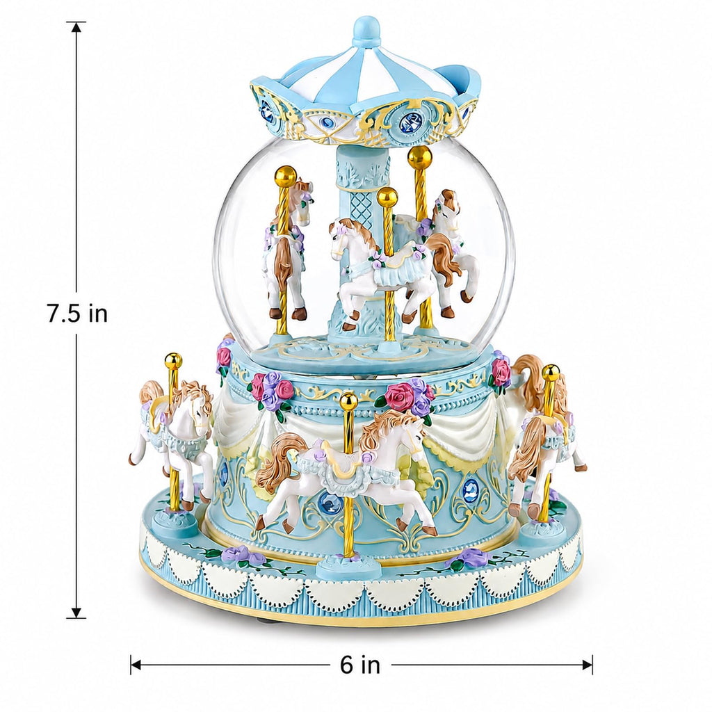 Blue Carousel Snow Globe Music Box with LED Lights, Rotating Horse Merry Go Round, Wind Up Musical Snow Globe Plays You are My Sunshine, Gift for Daughter Granddaughter Mom Women