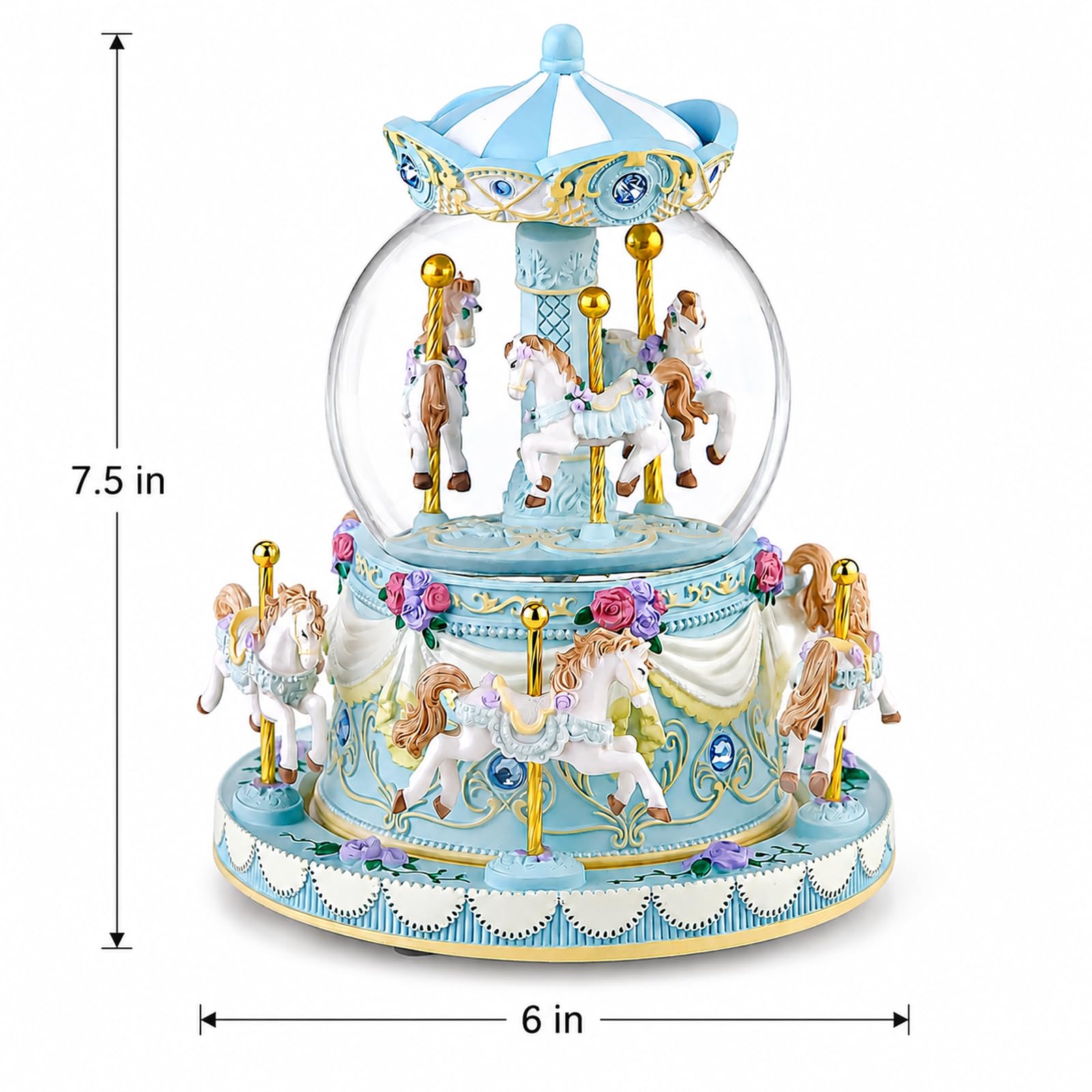 Blue Carousel Snow Globe Music Box with LED Lights, Rotating Horse Merry Go Round, Wind Up Musical Snow Globe Plays You are My Sunshine, Gift for Daughter Granddaughter Mom Women