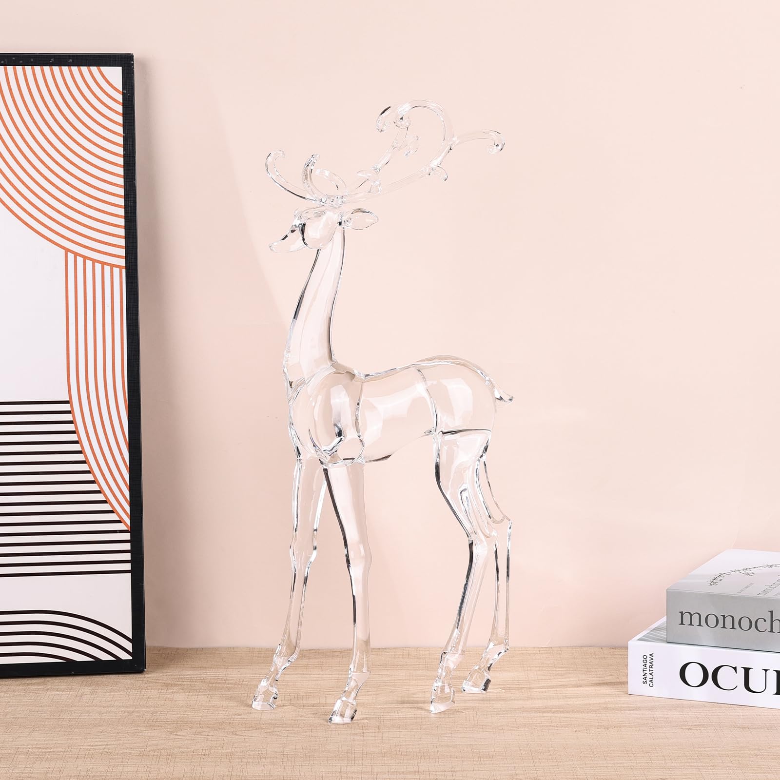 18" Tall Acrylic Christmas Reindeer Figurine - Elegant Clear Large Reindeer Ornaments for Christmas Indoor Decor, Holiday Centerpiece, Living Room, Fireplace, Table Display (Gold Standing Reindeer)