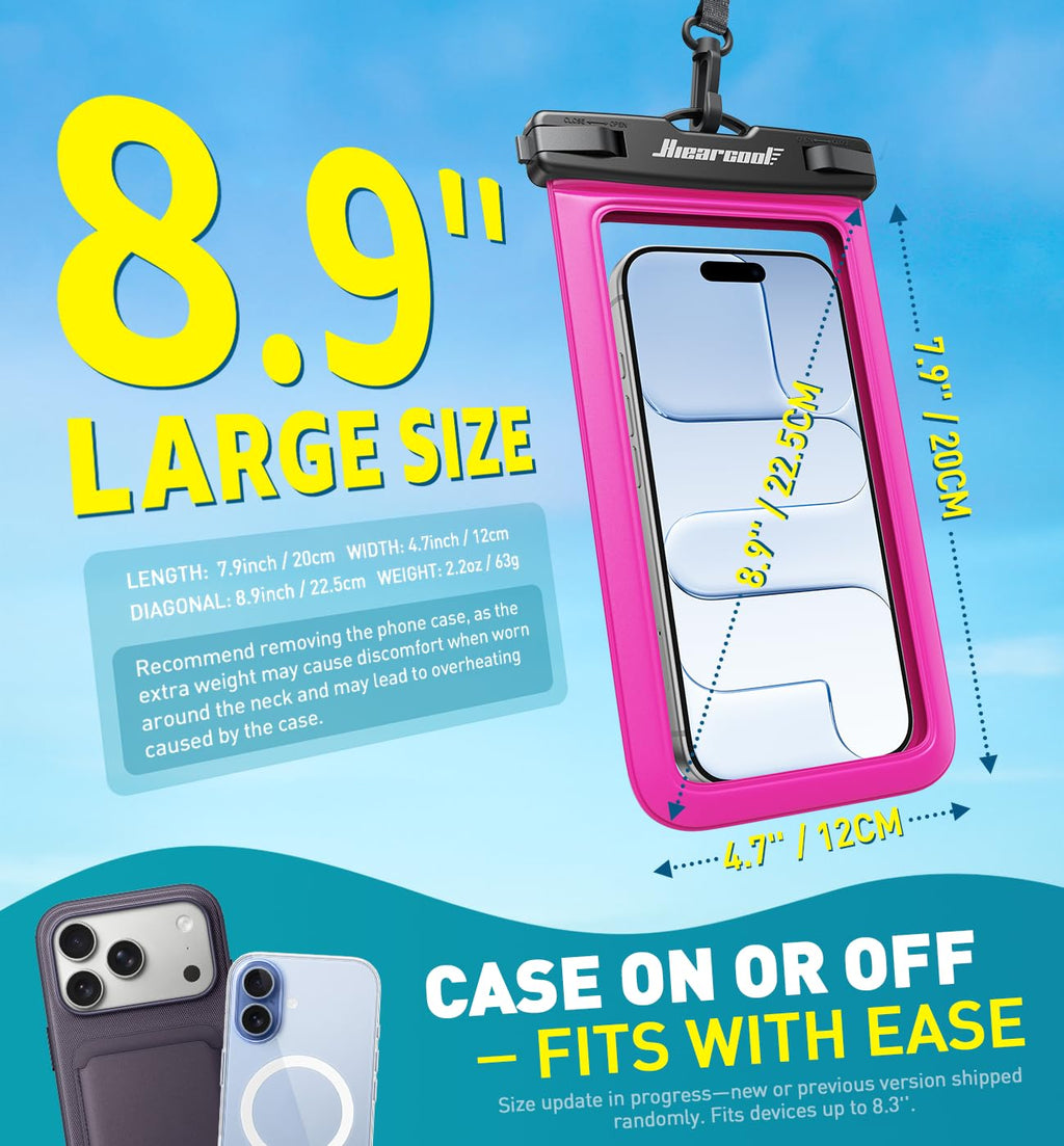 Hiearcool Waterproof Phone Pouch, IPX8 Waterproof Phone Case for iPhone 17/16/15/14 Pro Max, Cell Phone Dry Bag for Beach & Cruise Essentials, Touch Screen, Lanyard Included, 2 Pack (Fits Up to 8.9”)
