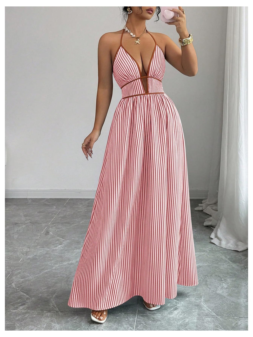 Floerns Women's Striped Halter Maxi Dress Backless Smocked Beach Vacation Boho Dress
