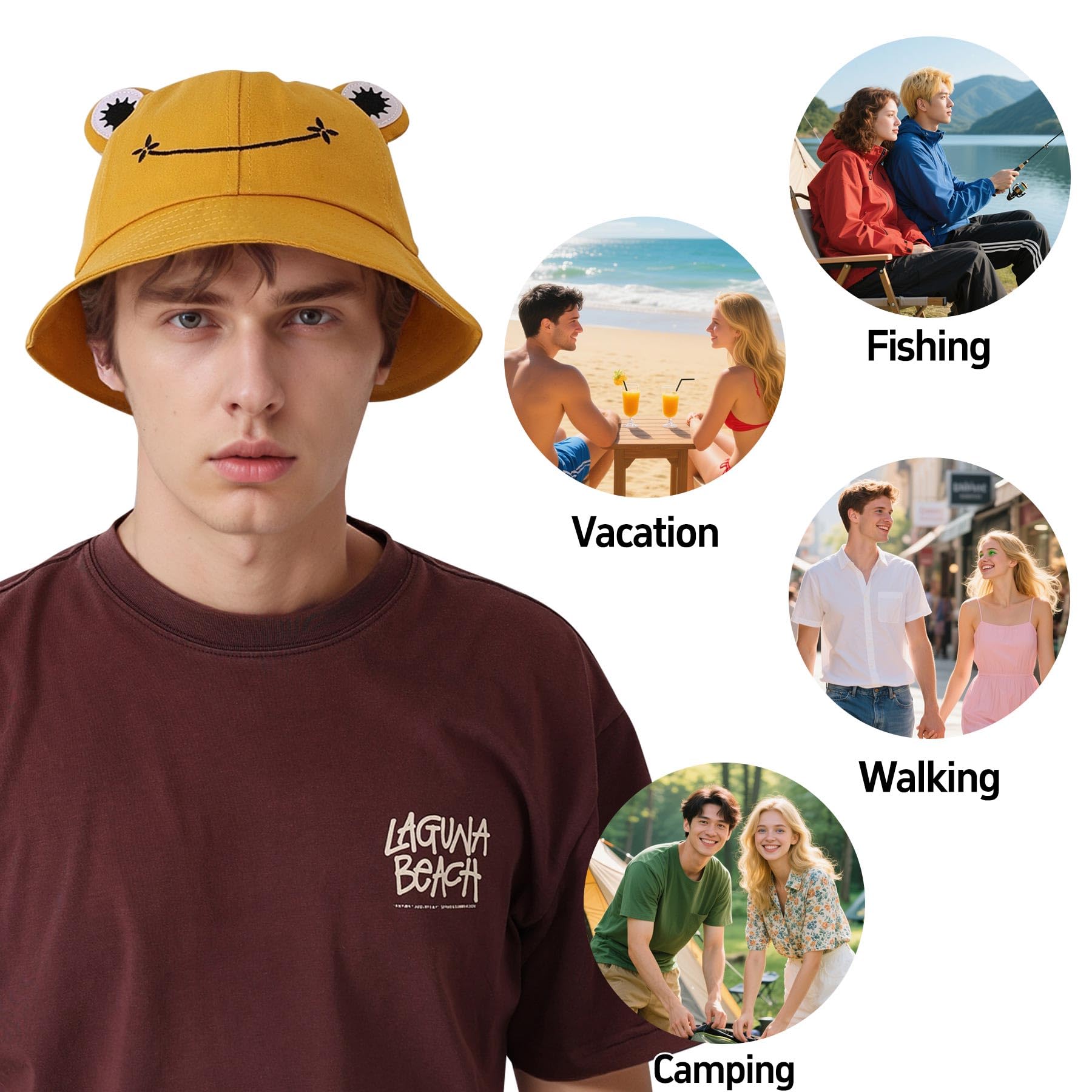 Sun Bucket Hats for Women & Men Beach Hat UV Protection Adjustable Summer Packable Cotton Frog Funny Fisfing Travel Cap