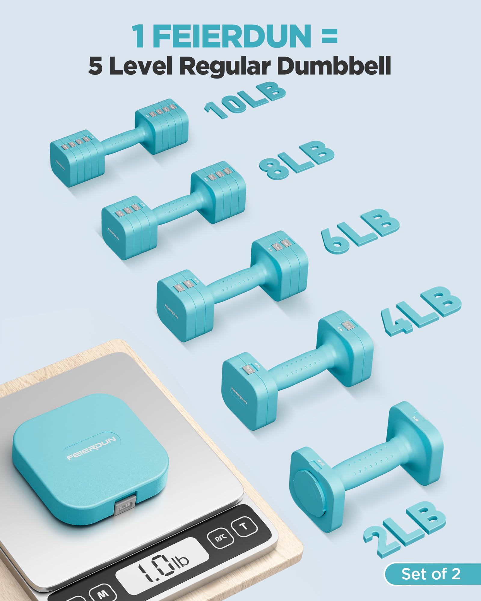 FEIERDUN DB3 5-in-1 Adjustable Dumbbell Set, 6LB/10LB Pair Adjustable Weights for Women at Home, Dual Locking Stable Hand Weights with TPU Soft Handle, Home Gym, Rehab, Pilates, Yoga, Strength Training