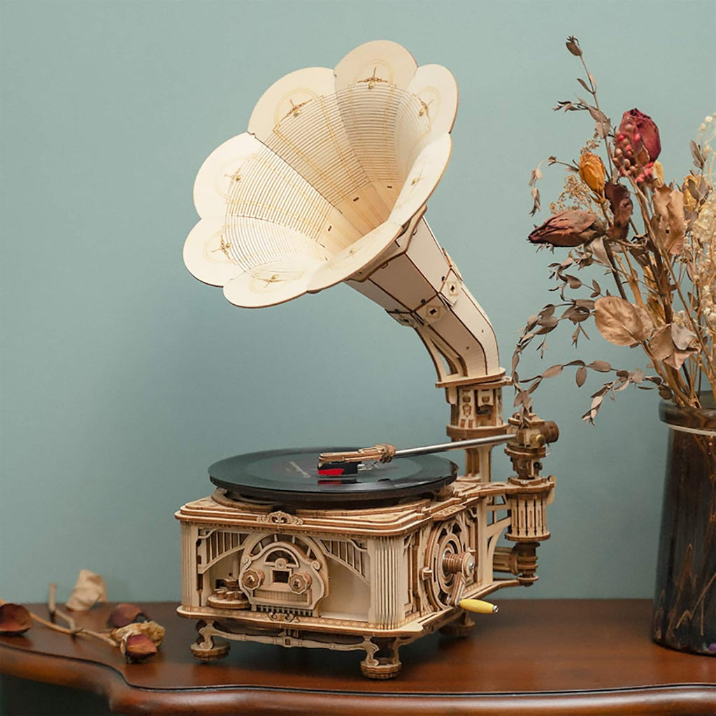 RoWood 3D Wooden Puzzle Music Record Player, Classical Mechanical Model Kit to Build, Best Gift for Adults - Gramophone