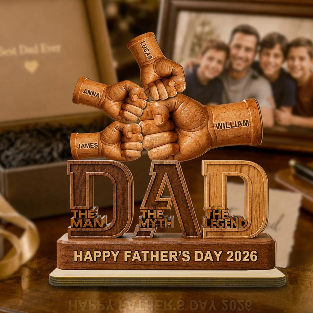 Personalized Fist Bump Dad and Kids Name Wooden Plaque, Custom Fathers Day Plaque for Dad Grandpa, Customized Sign Decorations for Daddy, Grandpa, Heartfelt Father's Day Birthday Gifts for Husband