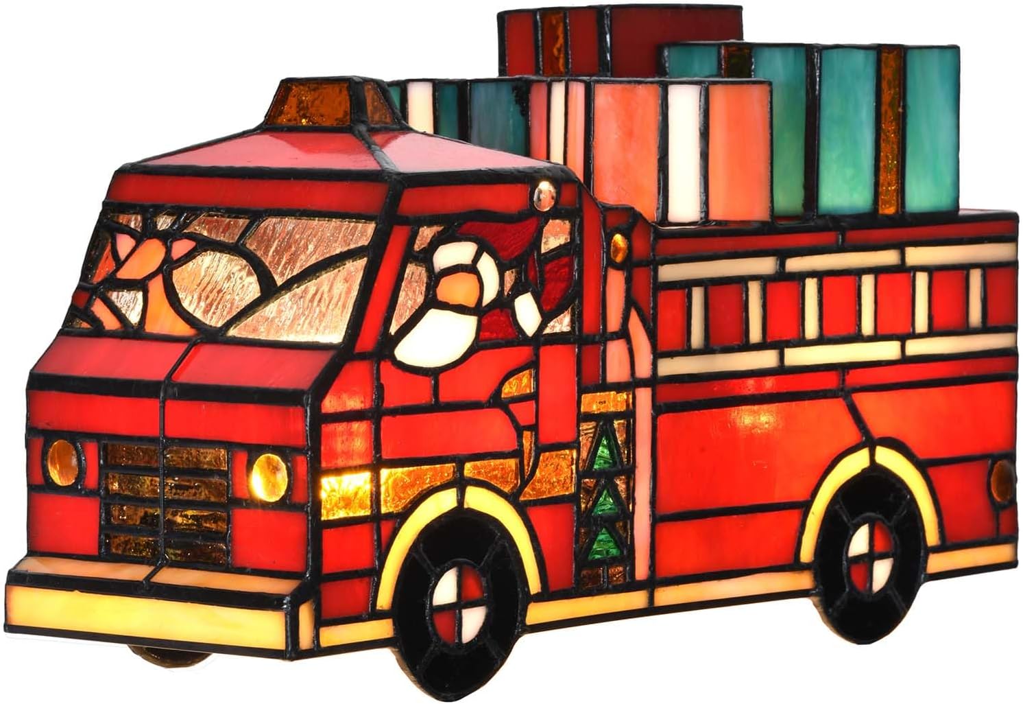 Bieye L12009 Tiffany Style Stained Glass Christmas Fire Truck Table Lamp with Santa, Reindeer, and Gifts, Handmade Holiday Decoration, 12" Wide
