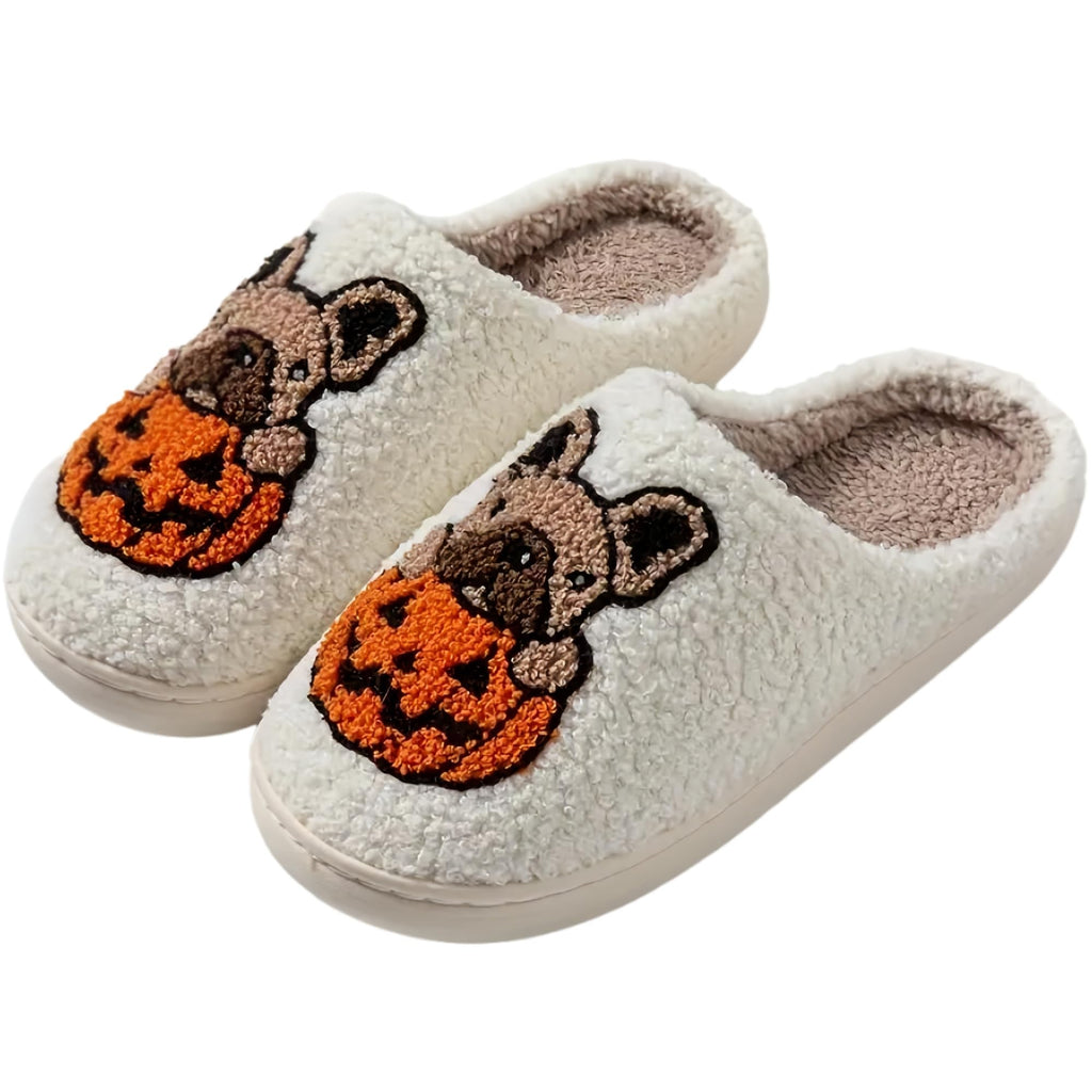 Halloween Slippers for Women Retro Soft Cozy Comfy Plush Lightweight Slip-on Indoor Outdoor Anti-Skid Sole Christmas House Shoes