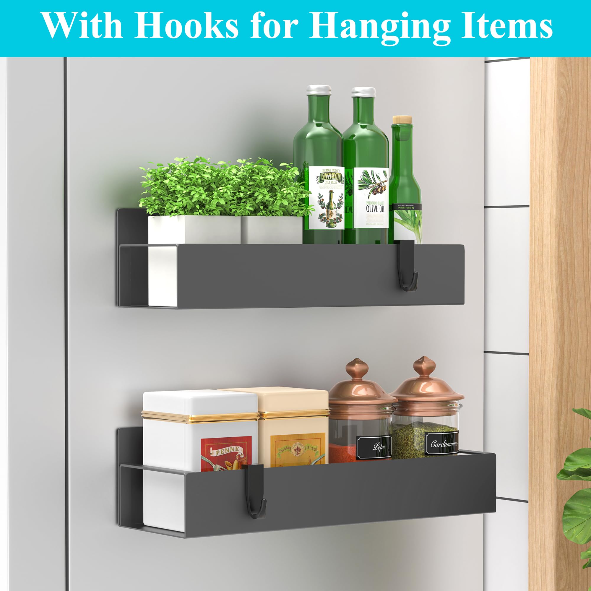 HuggieGems Metal 4 Pack Magnetic Spice Storage Rack Organizer for Refrigerator and Oven, Black Fridge Organizers and Storage, Metal
