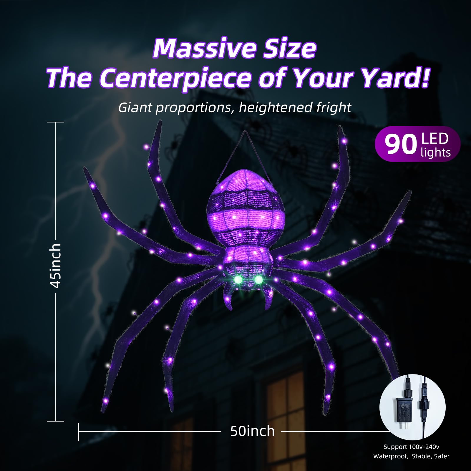 Halloween Decorations Outside Giant Spider - HOYECHI Outdoor Halloween Decor Lighted Spider 4.2FT, Light Up Spider with 90 LED Lights, Ground Stakes, for Front Yard Porch Gardens Lawns Party
