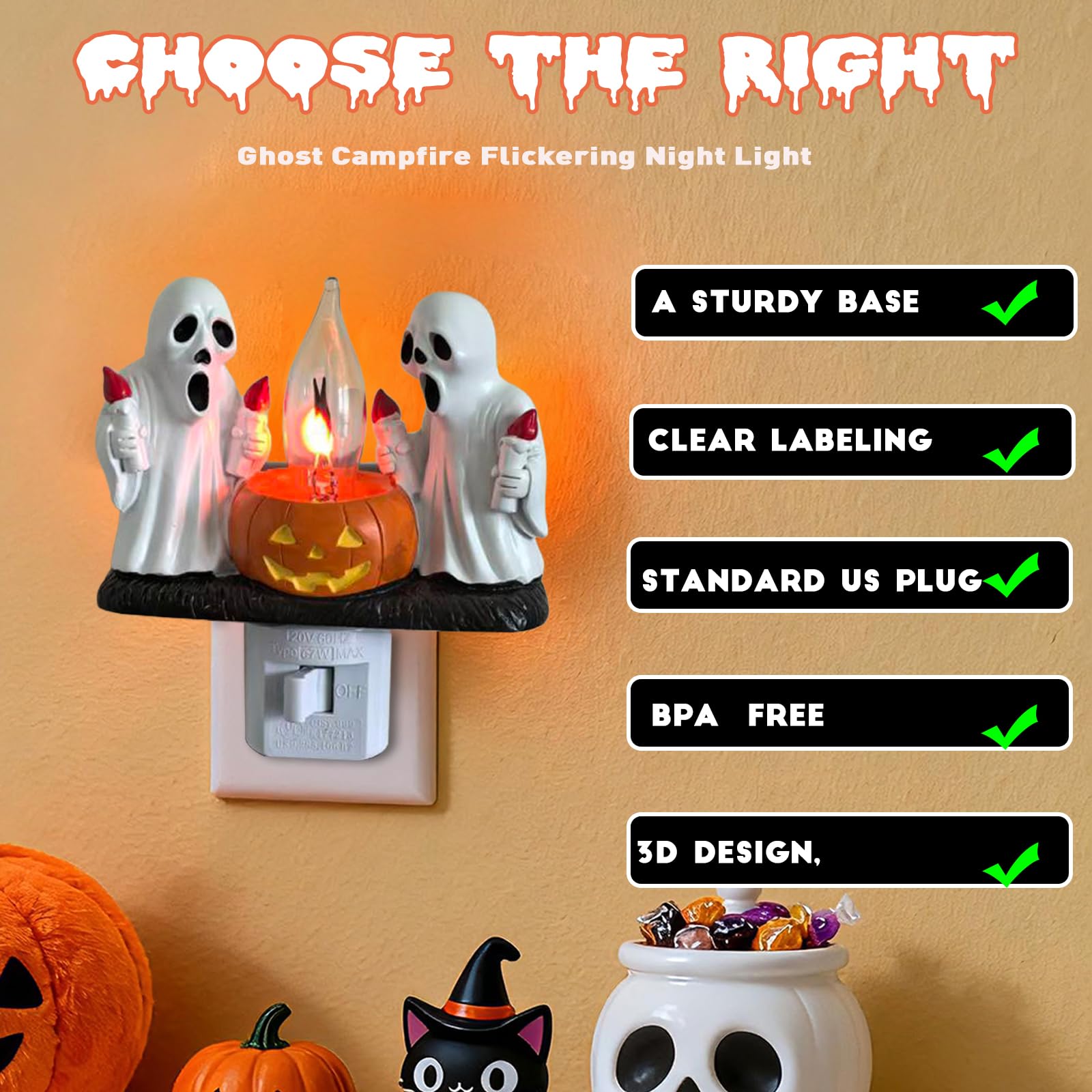 Ghost Campfire Nightlight,Halloween Campfire Flickering Night Light,3D Spooky Fire Marshmallow Night Light for Halloween Decor (Cute Ghost)