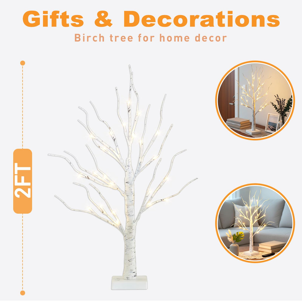 PEIDUO Home Decor, 2FT Birch Tree with LED Lights, Warm White Light up Tree Lamp, Artificial Trees for Home Table Inside, Battery Powered, Timer (2PK)