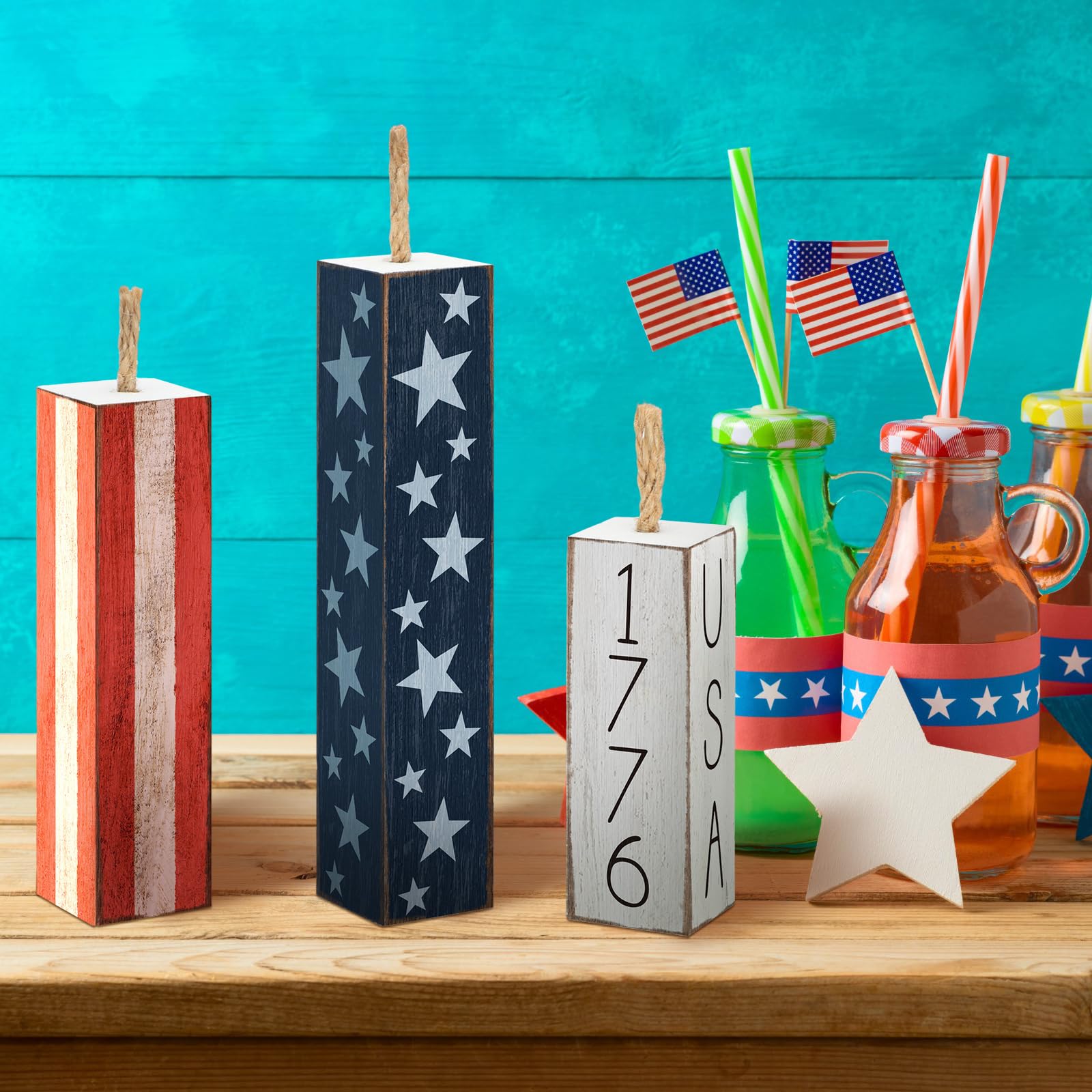 Amyhill 3 Pcs 4th of July Decorations Set Wooden Patriotic Table Centerpieces Independence Day Wood Firework Fourth of July Table Signs for 250th Anniversary Home Farmhouse Decor (Flag)