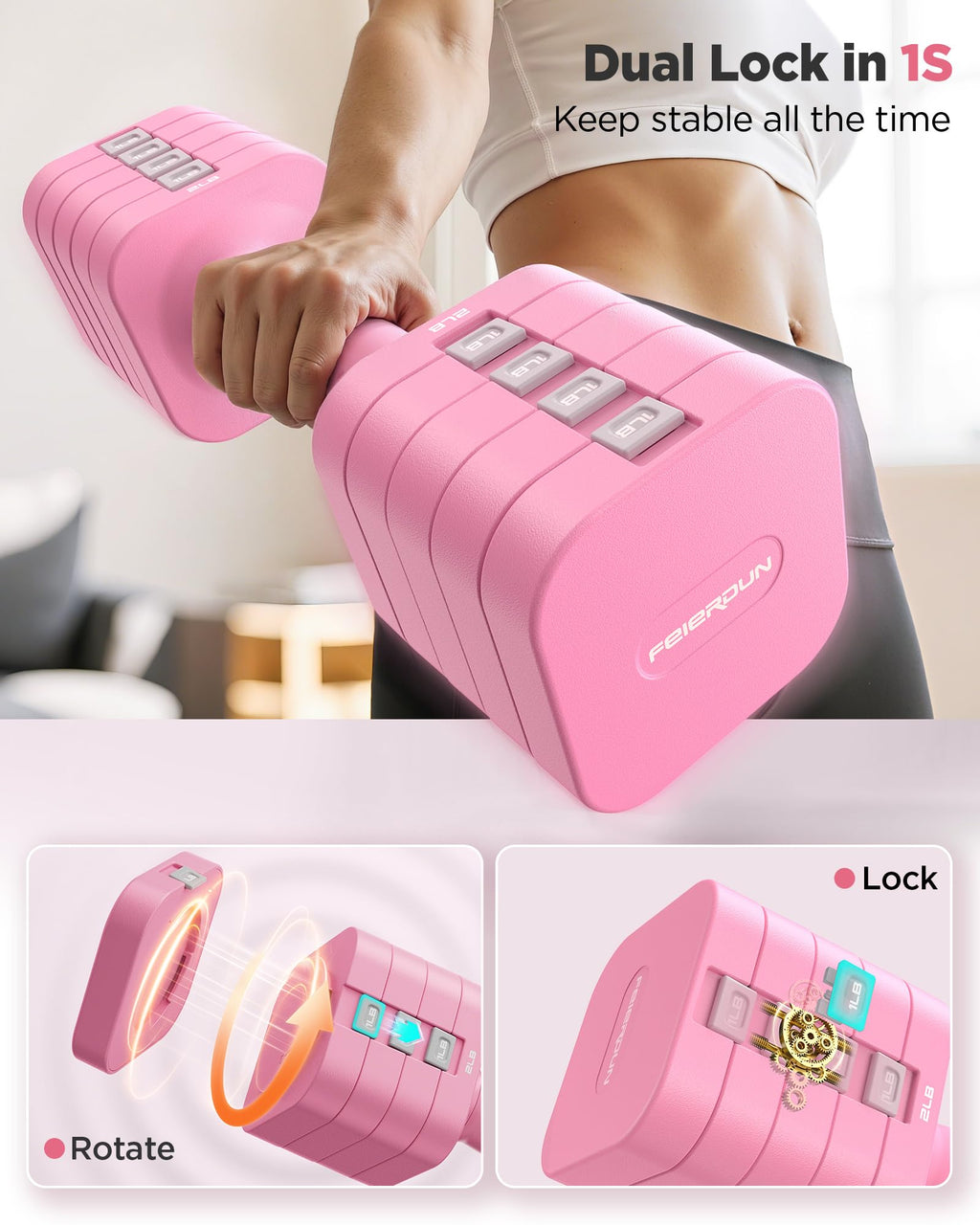FEIERDUN DB3 5-in-1 Adjustable Dumbbell Set, 6LB/10LB Pair Adjustable Weights for Women at Home, Dual Locking Stable Hand Weights with TPU Soft Handle, Home Gym, Rehab, Pilates, Yoga, Strength Training