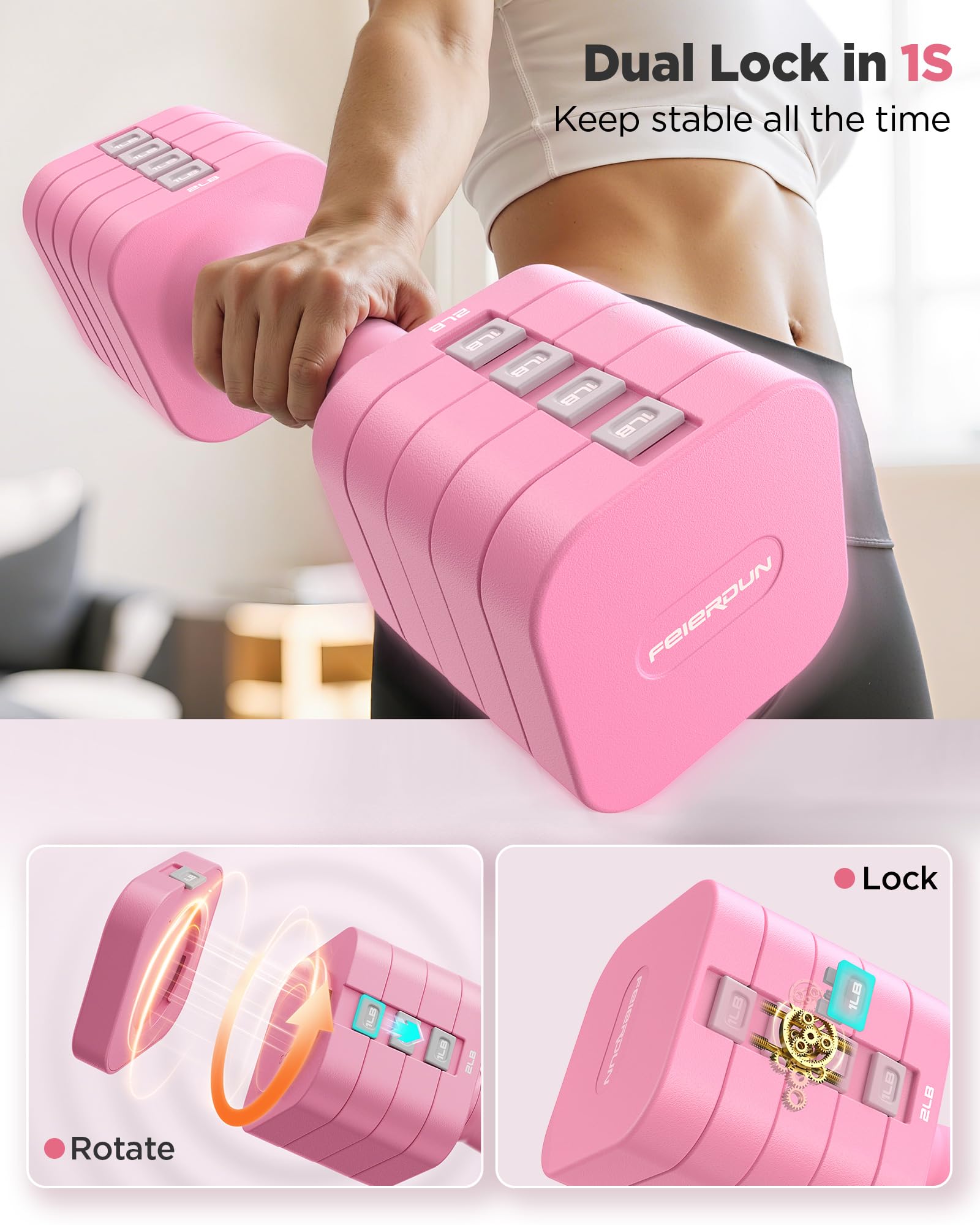 FEIERDUN DB3 5-in-1 Adjustable Dumbbell Set, 6LB/10LB Pair Adjustable Weights for Women at Home, Dual Locking Stable Hand Weights with TPU Soft Handle, Home Gym, Rehab, Pilates, Yoga, Strength Training