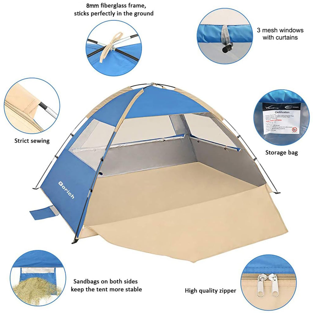 Gorich Beach Tent Sun Shelter for 3/4/6/8/10 Person with UPF 50＋ UV Protection, Lightweight & Easy Setup Beach Shade Canopy, Portable Beach Shade Tent Beach Cabana