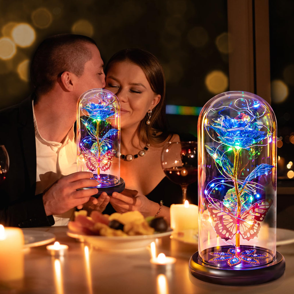 Pusuny Mothers Day Flowers Gifts for Mom Women Birthday Gift Galaxy Glass Rose Forever Eternal Crystal Flowers Rose in Glass Dome with Butterfly Mother's Day Roses Gifts for Mom Daughter Wife Purple
