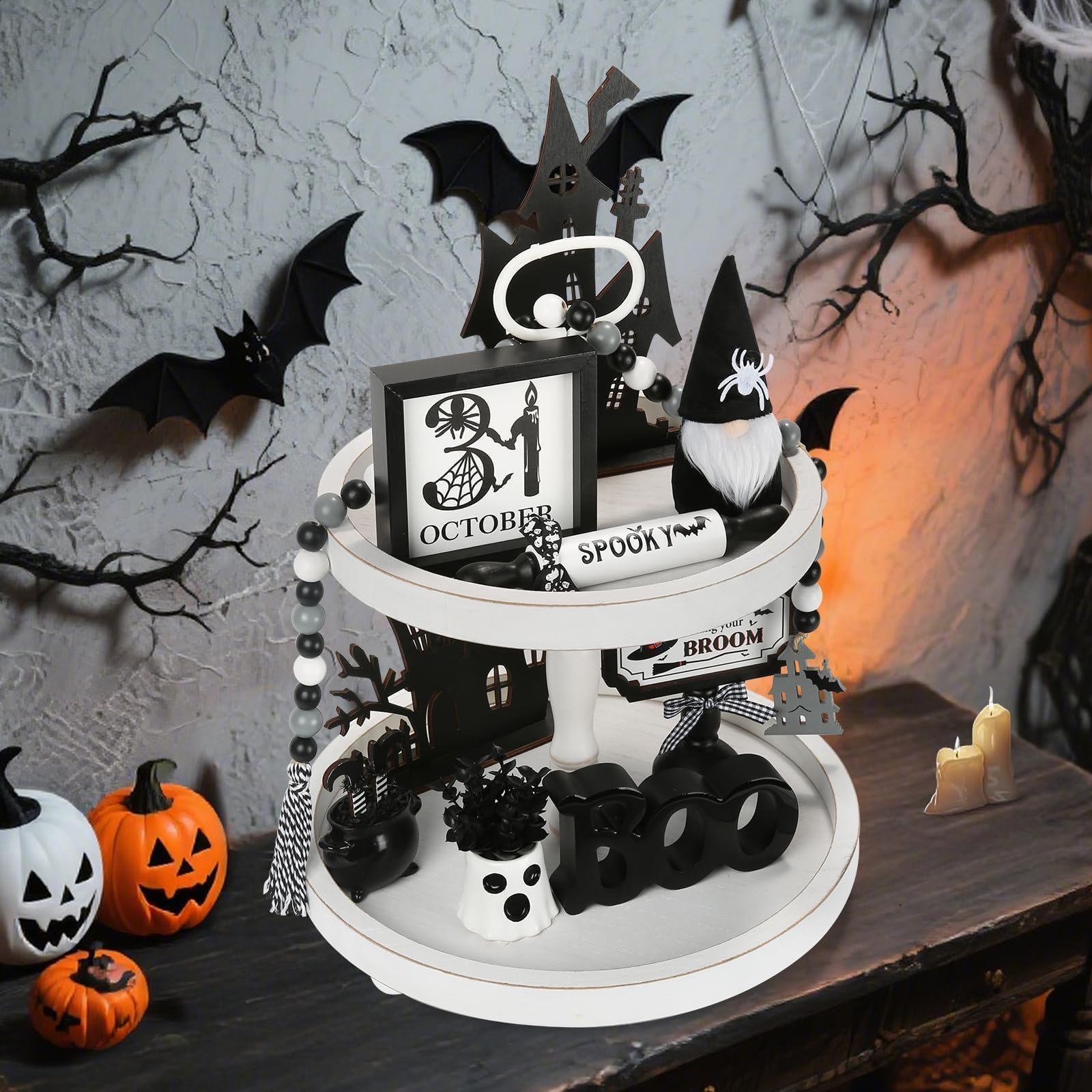 Christmas Decorations 8 PCS Tiered Tray Decor Set, Cute Tabletop Christmas Decor for Home Office Shelf Mantel Coffee Bar Xmas Table Centerpieces Tray Objects Holiday Decoration Set
