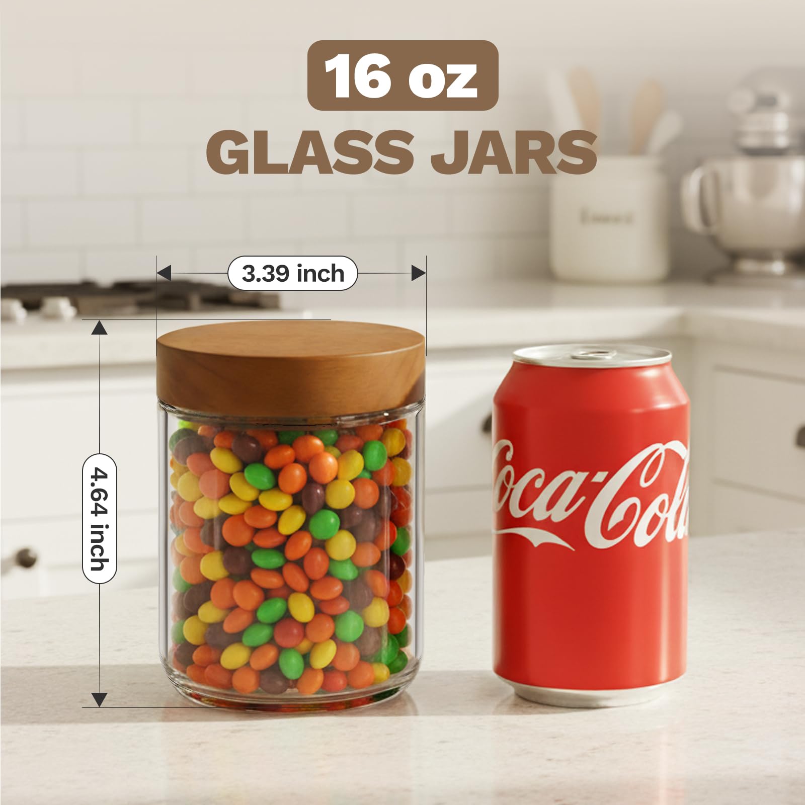 Bumobum 10 oz Small Glass Jars with Lids, Glass Container with Acacia Wood Airtight Lid, Wide Mouth Canisters for Chia Pudding Loose Tea Coffee Meal Prep Parfait Salad Snacks Yogurt Spice, 4-Pack