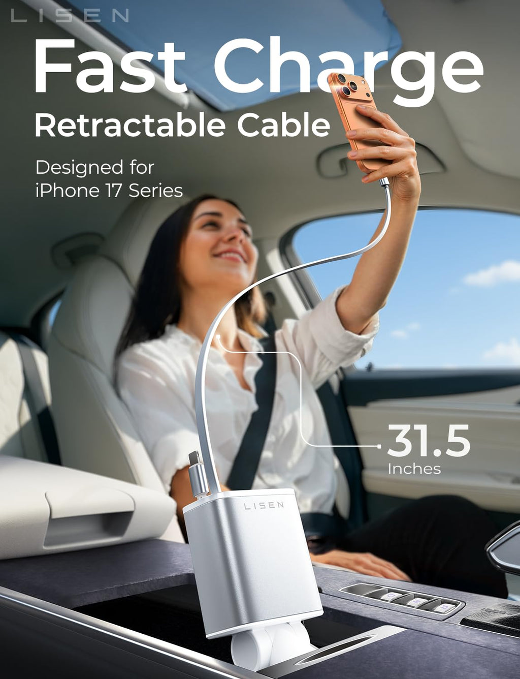 LISEN Retractable Car Charger, 84W Car Charger USB C Fast Charger Adapter for iPhone, Car Accessories for Men Women, Gifts for Fathers Day for Men Dad Husband, for iPhone 17 16 15 14 13 12 11 Samsung
