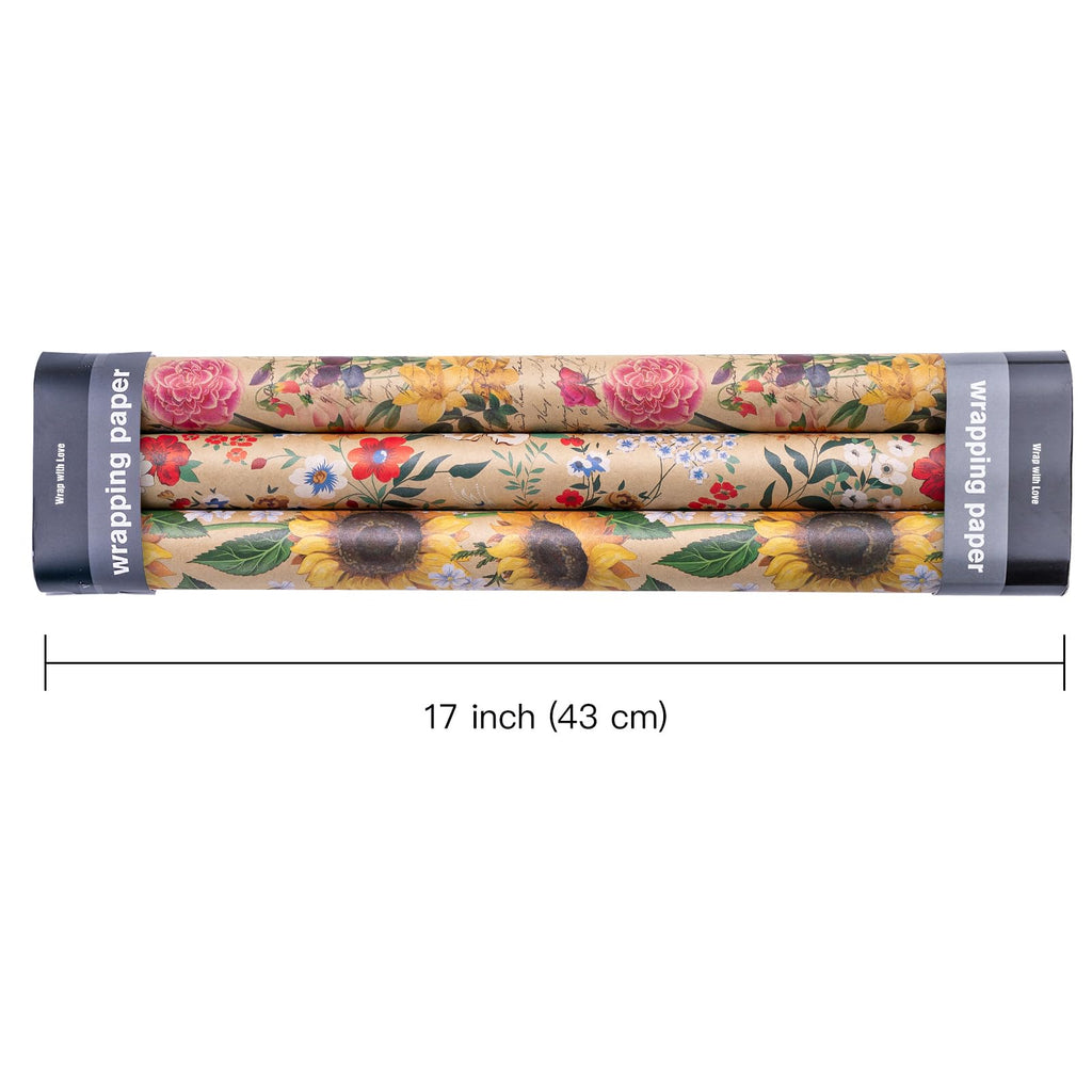 WRAPAHOLIC Kraft Floral Wrapping Paper Roll - Mini Roll - 17 Inch x 9.8 Feet - Spring Summer Garden Flower Design Perfect for Wedding, Bridal Shower, Birthday