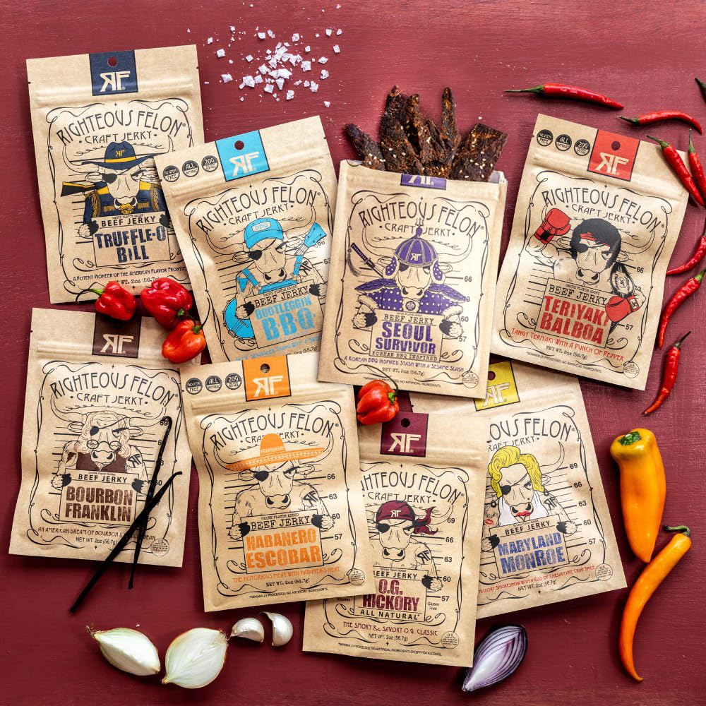 Righteous Felon Beef Jerky & Meat Sticks Variety Pack - Father's Day Jerky Sampler for Dad - Gluten Free Beef Jerky Snack Packs - High Protein, Keto, Low Sugar - Gifts for Men - 11 Pack Sampler