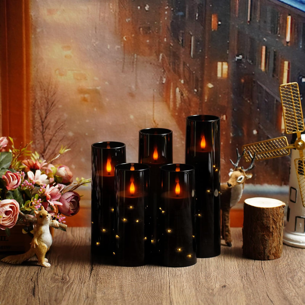 kakoya Flameless LED Candles with Timer 5 Pc Flickering Flameless Candles for Romantic Ambiance and Home Decoration Stable Acrylic Shell,with Embedded Star String，Battery Operated Candles（Red）