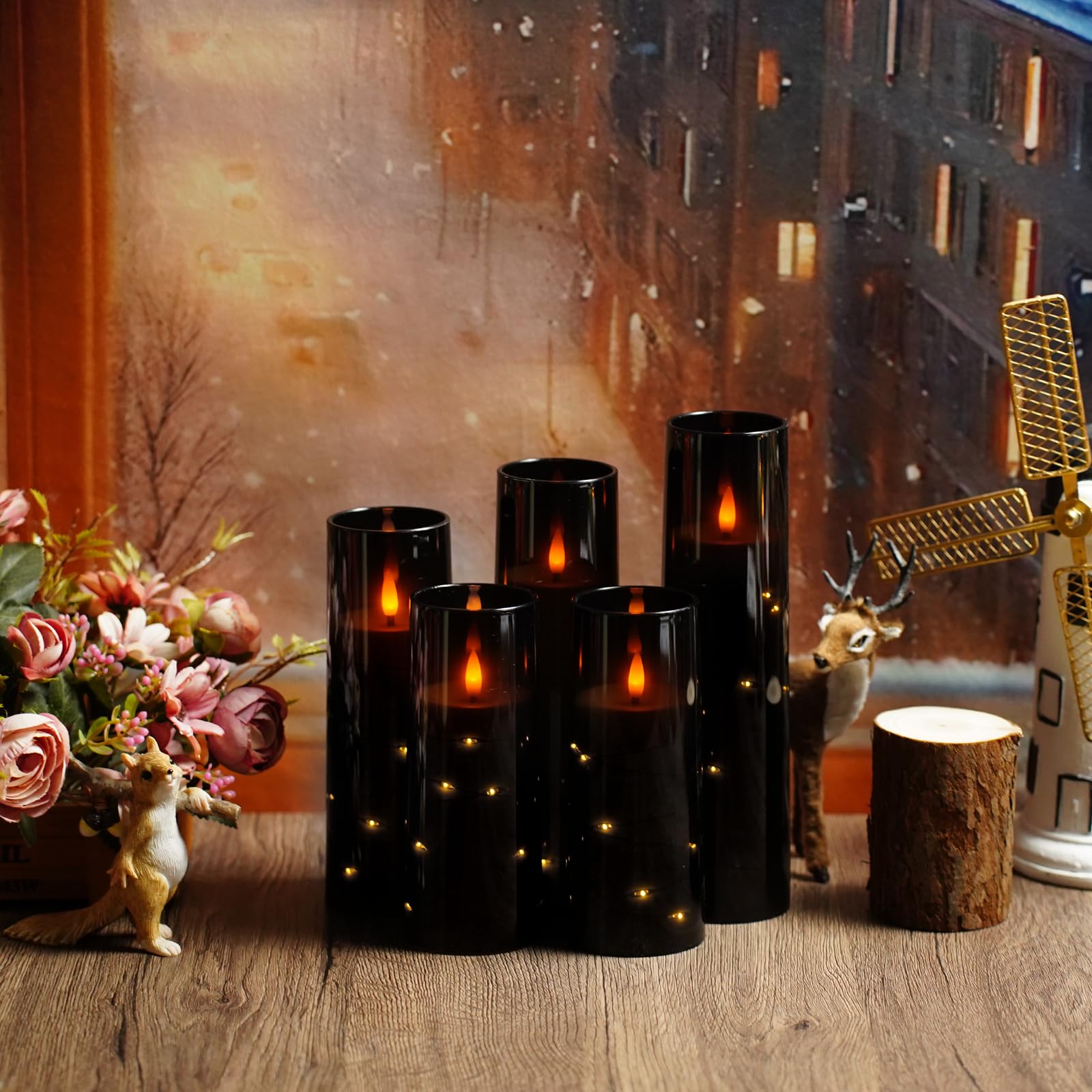 kakoya Flameless LED Candles with Timer 5 Pc Flickering Flameless Candles for Romantic Ambiance and Home Decoration Stable Acrylic Shell,with Embedded Star String，Battery Operated Candles（Red）