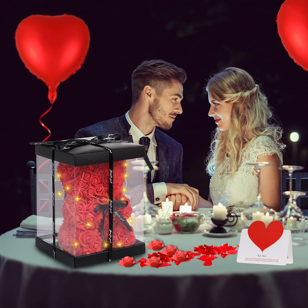 Rose Bear Mother's Day Flower Gifts for Mom Grandma, Rose Teddy Bear with Lights, Cute Teddy Flower Bear, Cute Romantic Present for Wife Girlfriend with Transparent Gift Box and Love Card