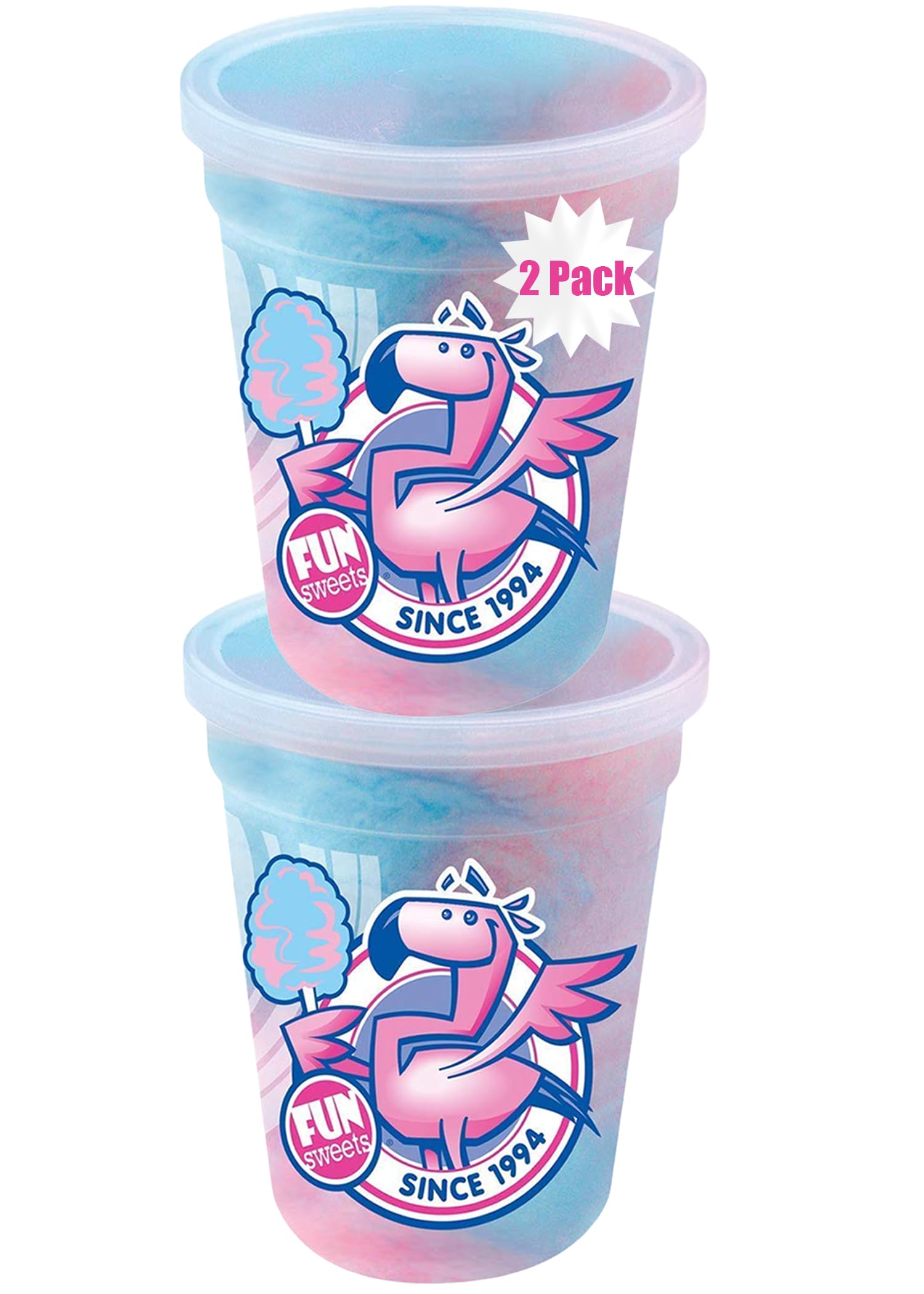 Fun Sweets Cotton Candy 12-Pack - Blue Raspberry and Cherry Swirl 1.5 oz Tub Resealable - Individual Cotton Candy Tubs Great for Easter Basket Candies or Party Favors - Bulk CottonCandy Individual Tubs