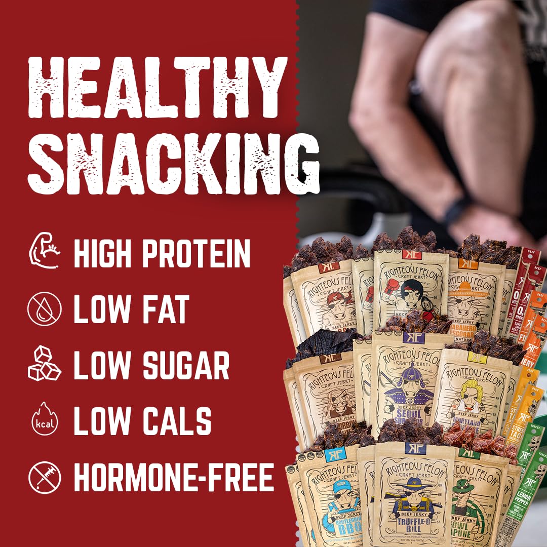 Righteous Felon Beef Jerky & Meat Sticks Variety Pack - Father's Day Jerky Sampler for Dad - Gluten Free Beef Jerky Snack Packs - High Protein, Keto, Low Sugar - Gifts for Men - 11 Pack Sampler