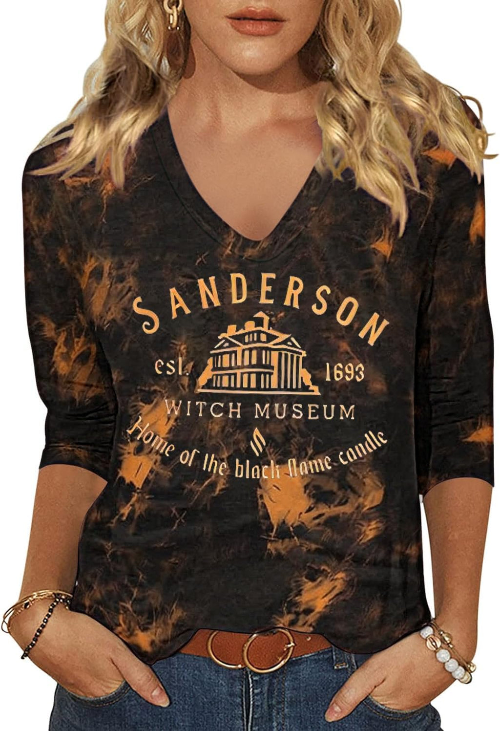 Women's Fall Halloween V Neck Shirt, Hocus Focus Graphic Tee | 3/4 Sleeve, Vintage, Funny Family Party Matching,Casual Holiday Tops,Spooky Season Tee
