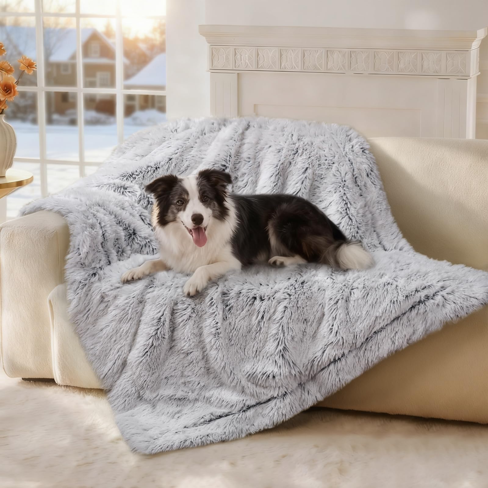 Luciphia Large Waterproof Dog Blanket for Pet Washable Liquid Proof Bed Intimacy Protection Shaggy Plush Calming Long Faux Fur Couch Cover Calming Cat Throw Blankets, Tie-dye Grey, 50" x 60"