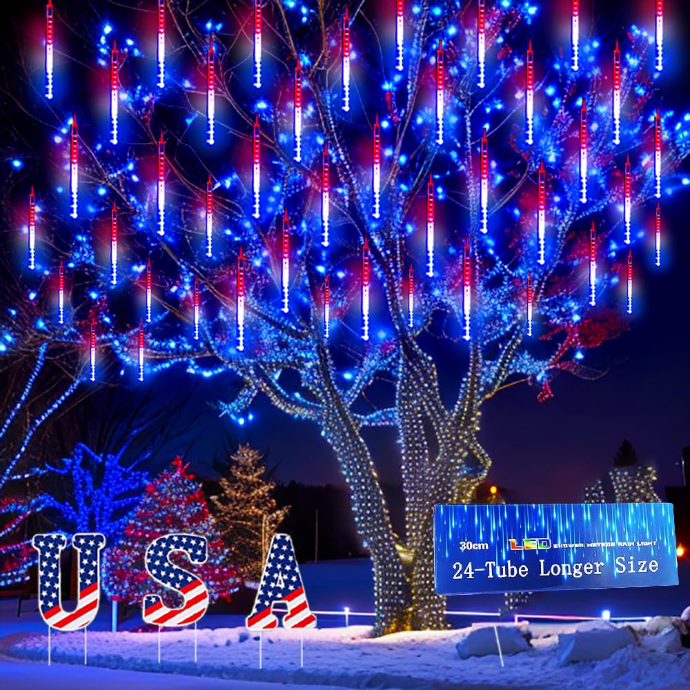Kwaiffeo Outdoor Christmas Decorations, 24 Tubes(Equivalent to 3 Sets of 8-Tubes) LED Meteor Shower Lights for Xmas Halloween Decor Yard Lawn Outside Party, Outdoor Lighted Christmas-Themed Ornaments