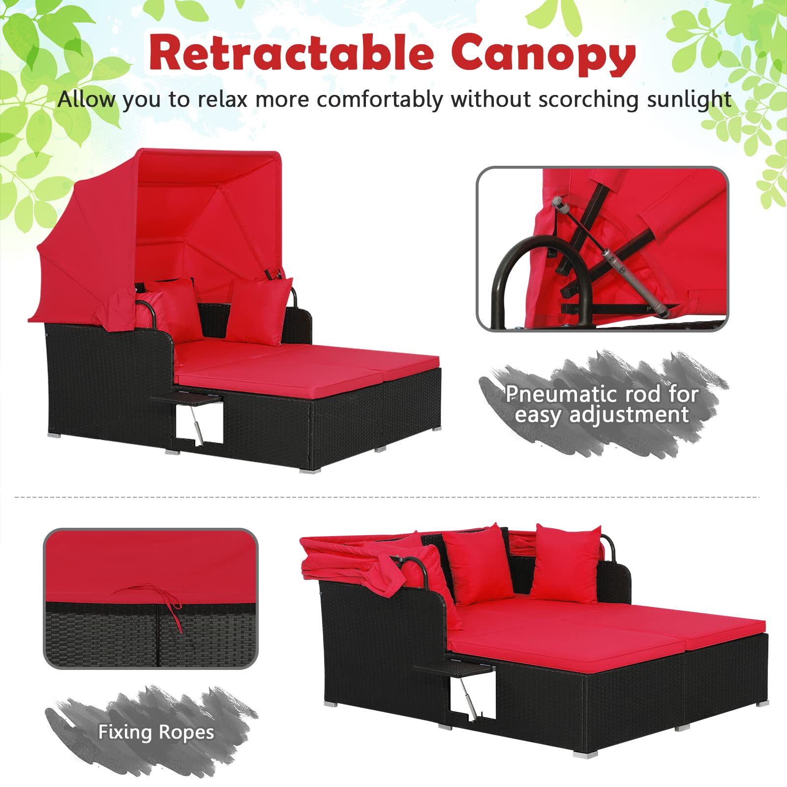 Tangkula Patio Rattan Daybed with Retractable Canopy, Outdoor Wicker Sunbed Lounger with 2 Foldable Side Tables, Thick Seat & Back Cushions, Outside Double Daybed for Garden, Backyard, Porch