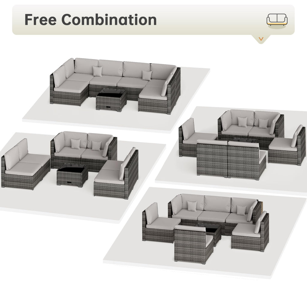LHBcraft 7 Piece Patio Outdoor Furniture Set, Outdoor Sectional, All-Weather Manual Weaving PE Rattan Wicker Patio Sectional Sofa, Rattan Outside Furniture with Black Cushion and Glass Coffee Table