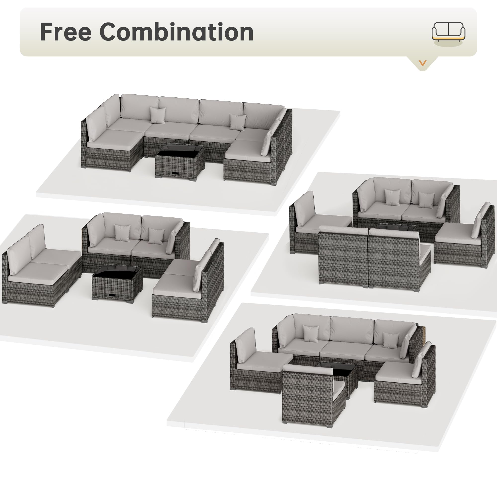 LHBcraft 7 Piece Patio Outdoor Furniture Set, Outdoor Sectional, All-Weather Manual Weaving PE Rattan Wicker Patio Sectional Sofa, Rattan Outside Furniture with Black Cushion and Glass Coffee Table
