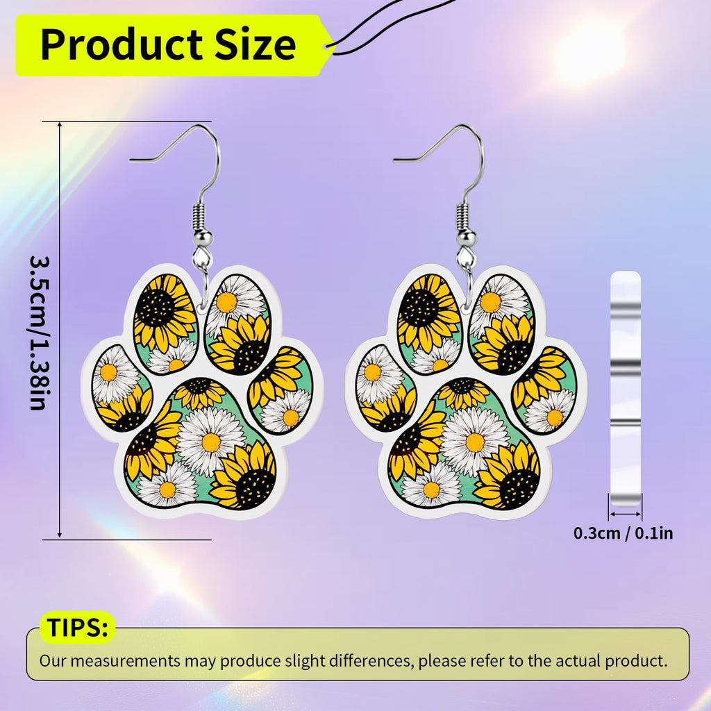 Funny Dog Sunflower Paw Print Earrings for Women - Unique & Quirky Funky Acrylic Dangle Earrings, Cute & Silly Novelty Design, Wacky & Crazy Earrings for Fun Lovers