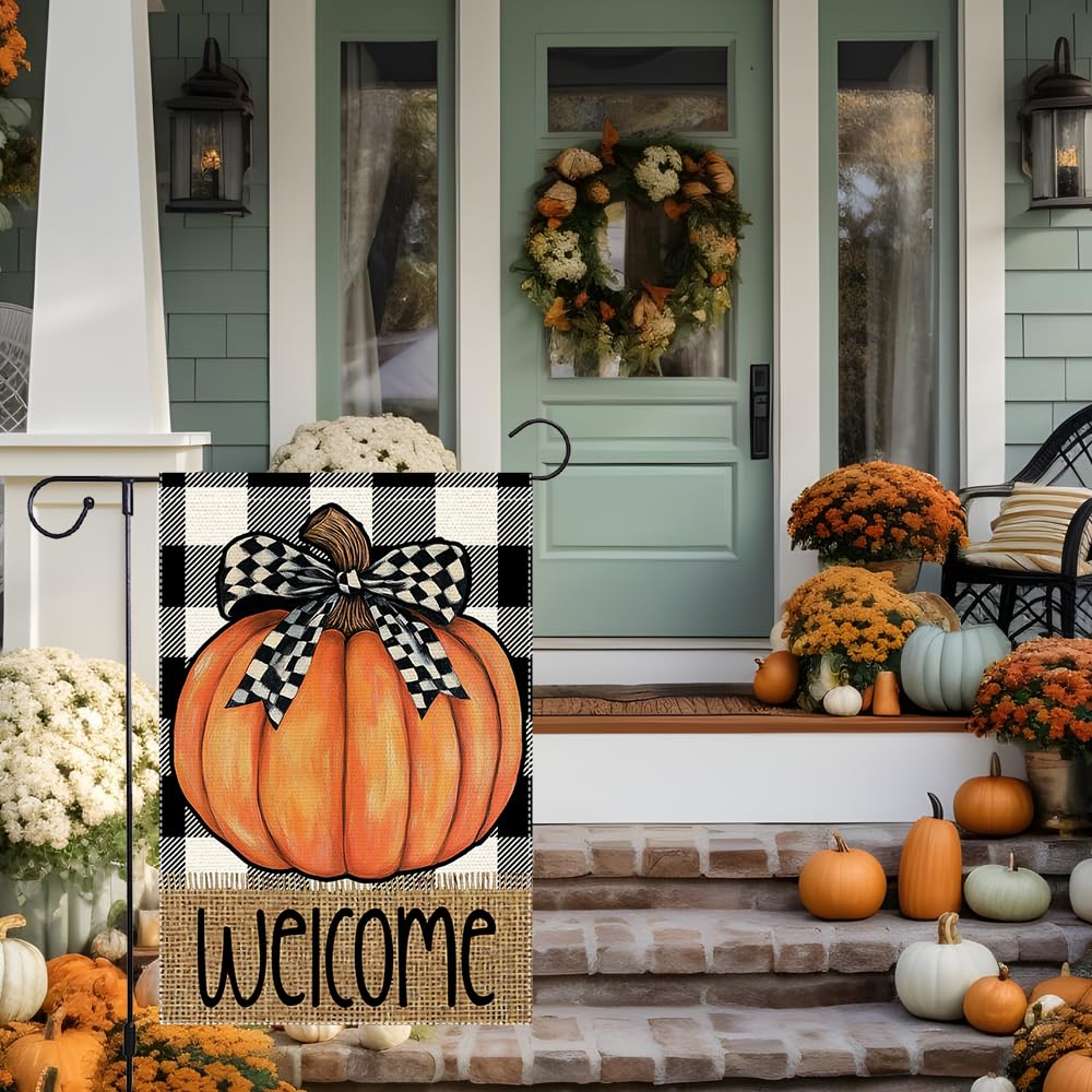 Fall Garden Flag For Outdoor Decor Thanksgiving Garden Flags Autumn Stained Glass Pumpkin Maple Leaf Double Sided Small Burlap Outside Porch Lawn Yard Flags Decorations 12.5x18 Inch