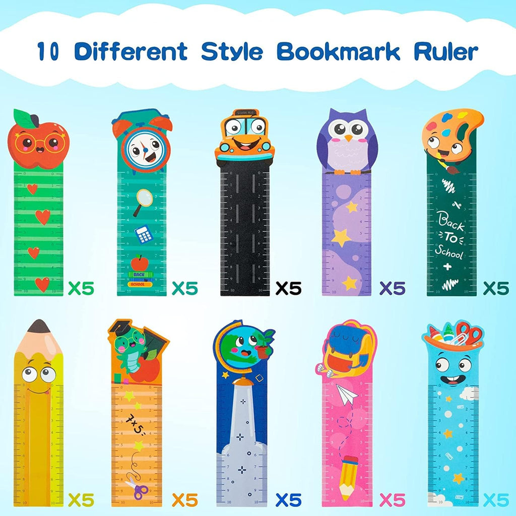 Haooryx Back to School Bookmark Rulers - 50Pcs 10 Styles Campus Theme Measuring Ruler Bookmark Double-side Printing Plastic Book Markers for Kids Birthday Gift Classroom Student Reward Gift Bag Filler