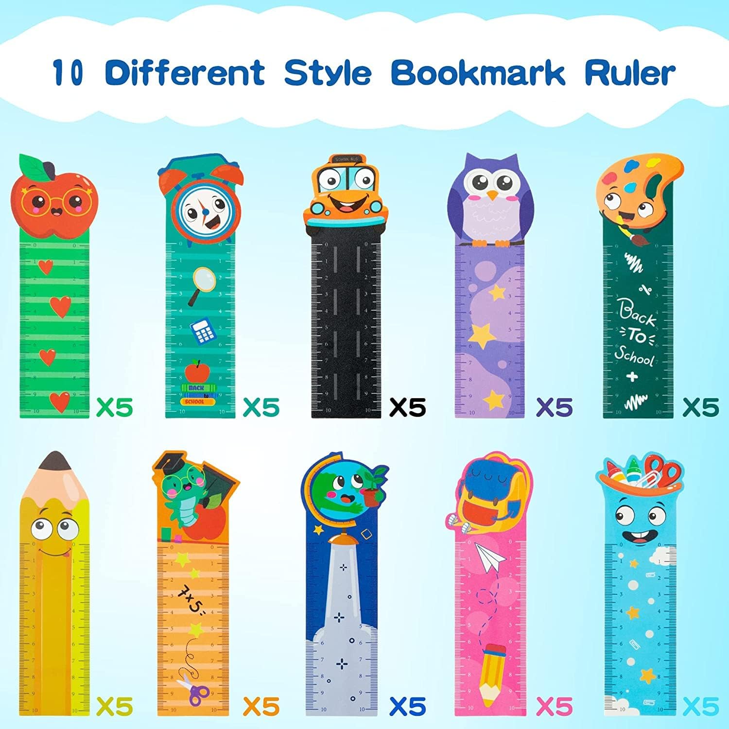Haooryx Back to School Bookmark Rulers - 50Pcs 10 Styles Campus Theme Measuring Ruler Bookmark Double-side Printing Plastic Book Markers for Kids Birthday Gift Classroom Student Reward Gift Bag Filler