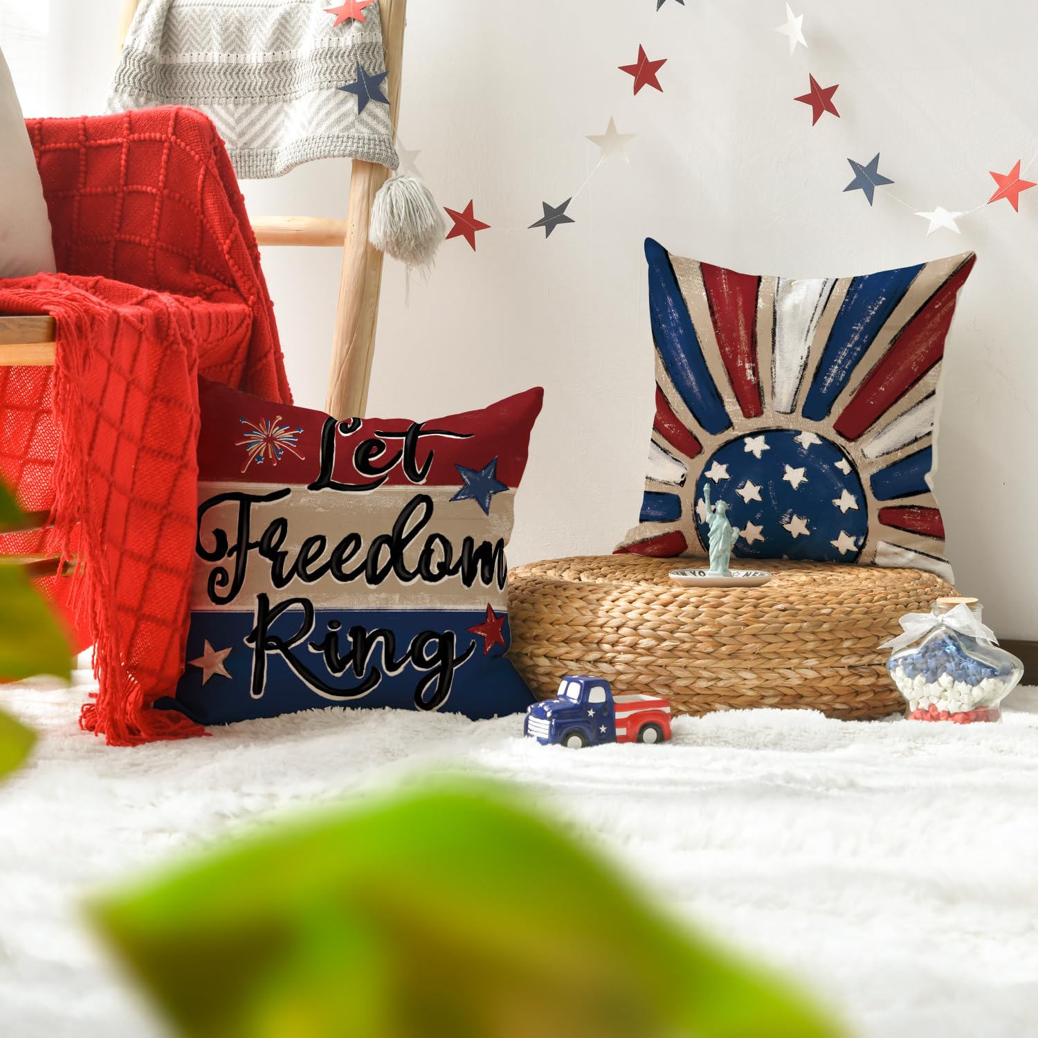 AVOIN colorlife Let Freedom Ring Stars Fireworks Flower Red Throw Pillow Covers, 12 x 20 Inch 4th of July Patriotic Independence Memorial Day USA Flag Cushion Case for Sofa Couch Set of 4