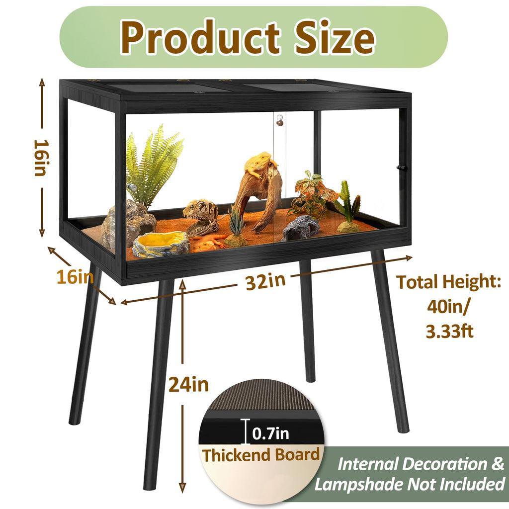 PROLEE Reptile Enclosure with Leg, 35 Gallons Bearded Dragon Tank, Tempered Glass Lizard Tank with Metal Mesh Tops and Lockable Door, Spacious Reptile Habitat for Snake,Lizard (Oak)