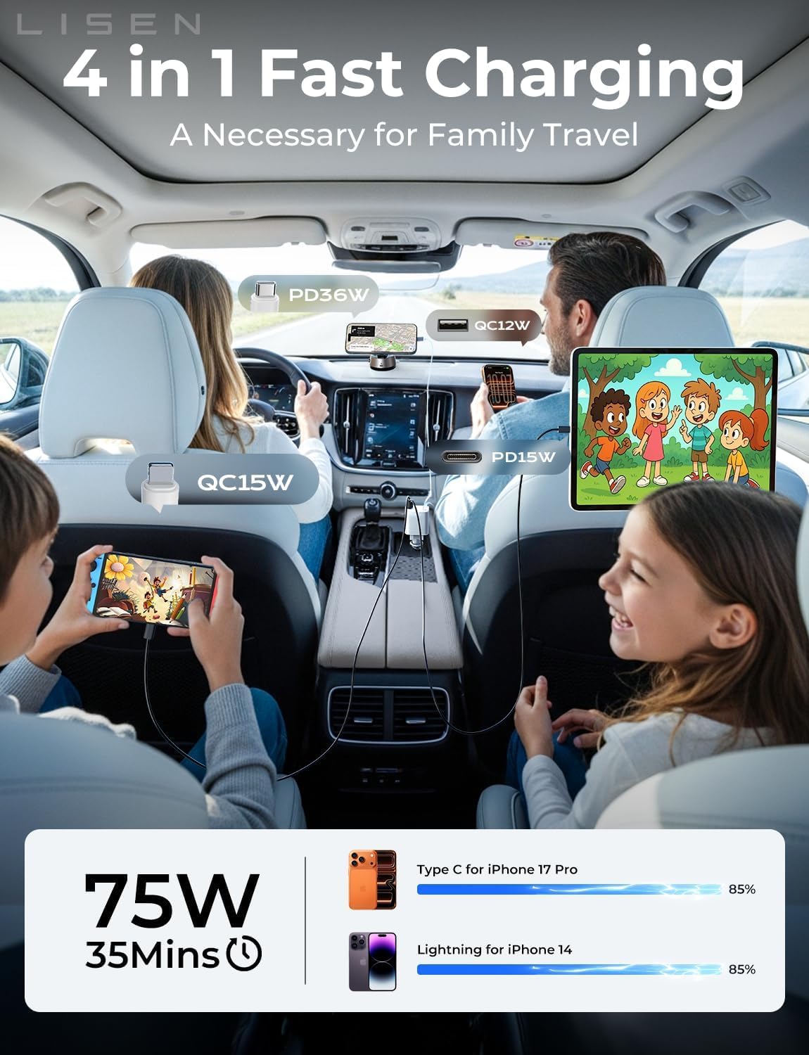 LISEN Retractable Car Charger, 84W Car Charger USB C Fast Charger Adapter for iPhone, Car Accessories for Men Women, Gifts for Fathers Day for Men Dad Husband, for iPhone 17 16 15 14 13 12 11 Samsung