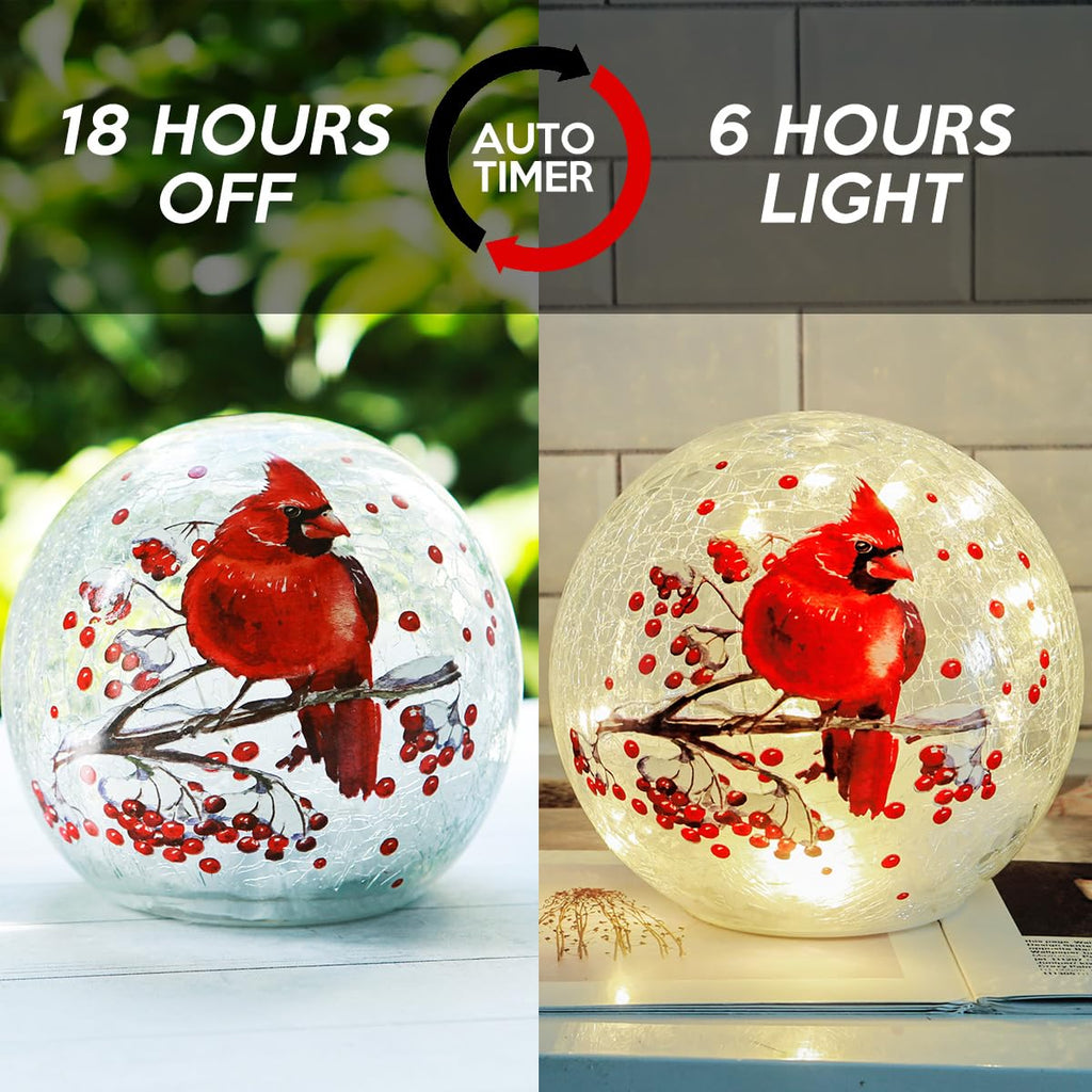 Crackle Glass Ball Cardinal Lamp with Timer, Battery Operated Red Bird Stained Christmas Decor Accent Sphere Lamp, Light Up Globe Glass Table Lamp, Mother's Day Gifts, Led Orb Cardinal Night Light
