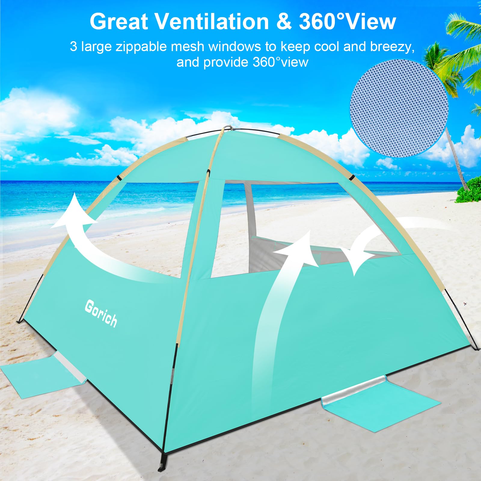 Gorich Beach Tent Sun Shelter for 3/4/6/8/10 Person with UPF 50＋ UV Protection, Lightweight & Easy Setup Beach Shade Canopy, Portable Beach Shade Tent Beach Cabana